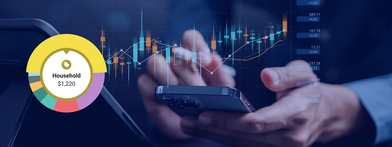 hands holding cellphone and calculation graphics including budgeting pie chart